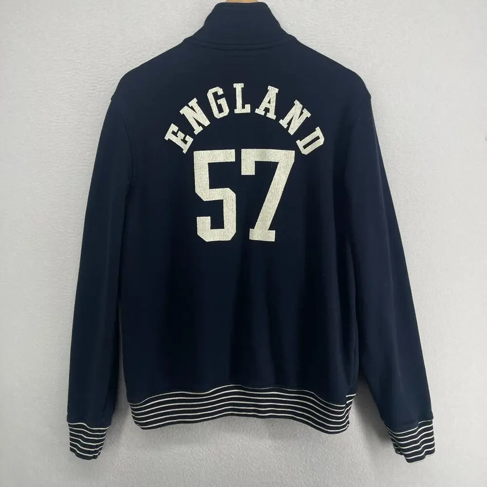 LUCKY BRAND Jacket Mens M ENGLAND 57 Crest Patch Track Terry Full Zip Blue Vtg